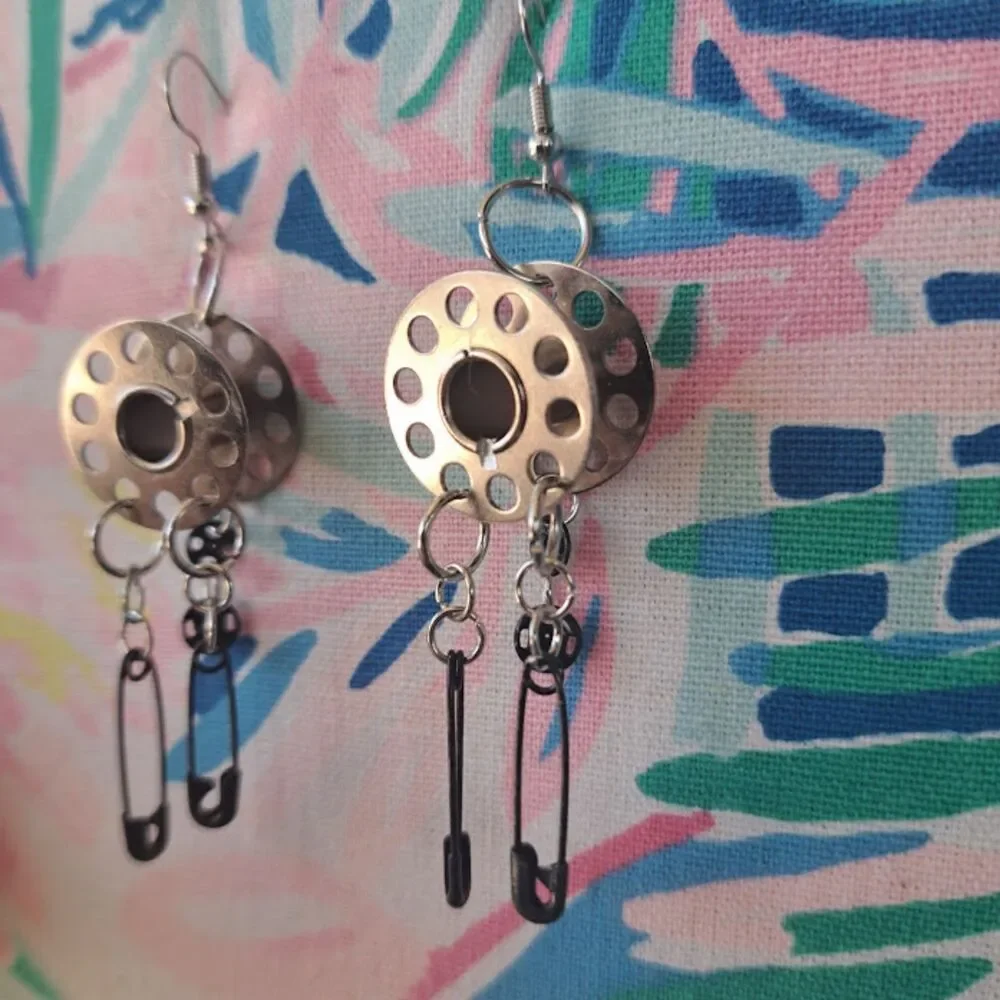 Upcycled Sewing Machine Bobbin Earrings Cyberpunk Punk Quirky Seamstress Gift